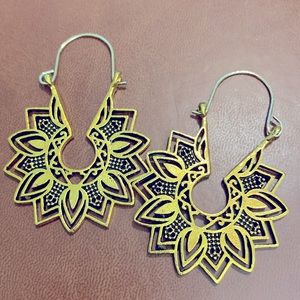 Gold Boho Vintage Mandala Flower Dangle Earrings Diam 38-42mm